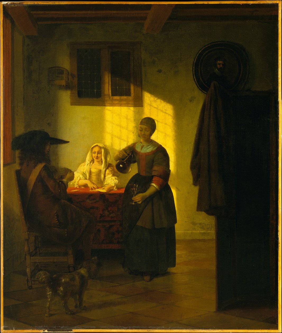 Ein Paar beim Kartenspiel mit einer Dienerin - Pieter de Hooch
