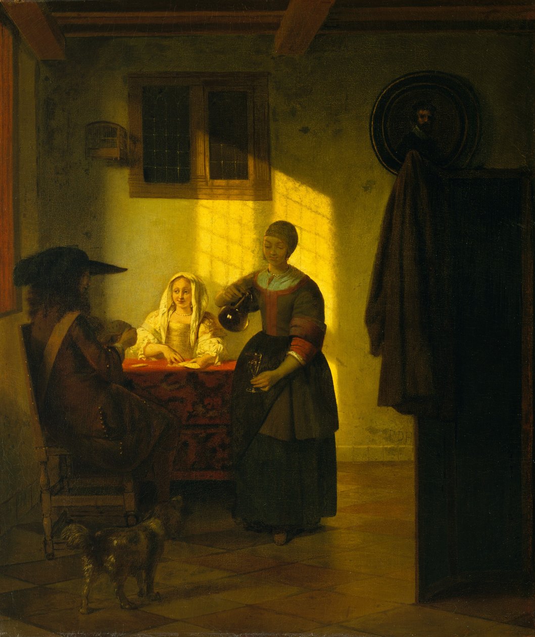 Un couple jouant aux cartes, avec une servante, vers 1665-75 - Pieter de Hooch