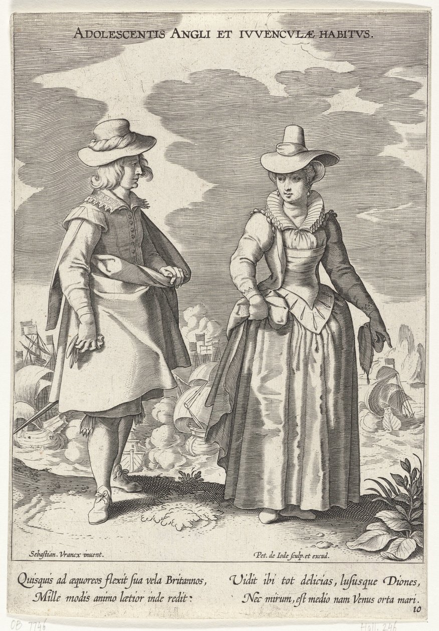 Couple vêtu à la mode anglaise, vers 1610 (Adolescentis Angli et Ivvenclvae Habitvs) (Costumes de différents pays) (Variarum Gentium Ornatus) - Pieter de Jode (I)