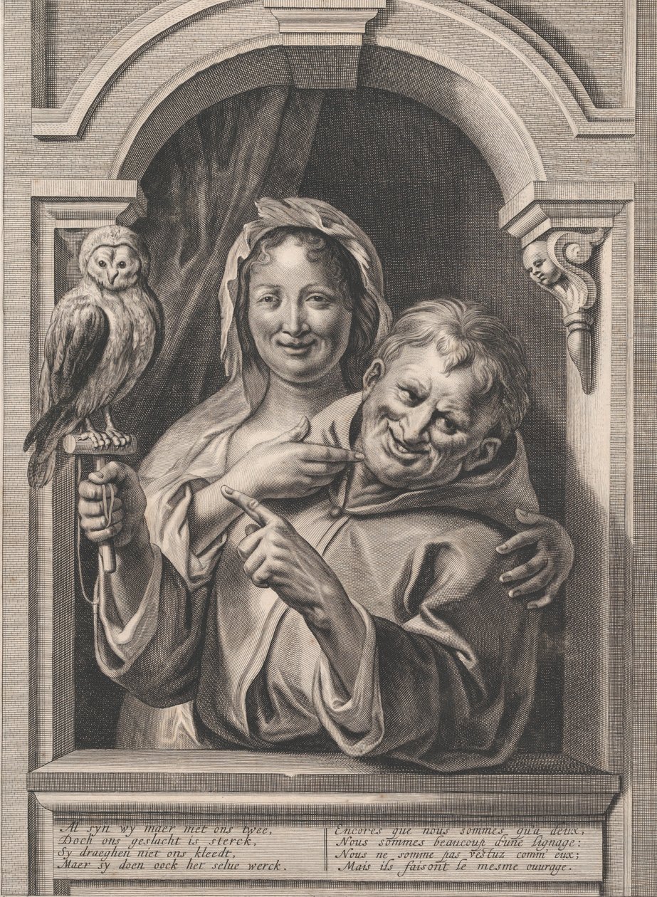 Un fou avec une chouette et une femme à une fenêtre, 17e siècle - Pieter de Jode II