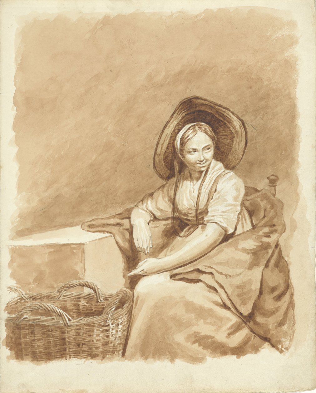 Jeune fille assise avec un grand chapeau et un panier - Pieter van Loon