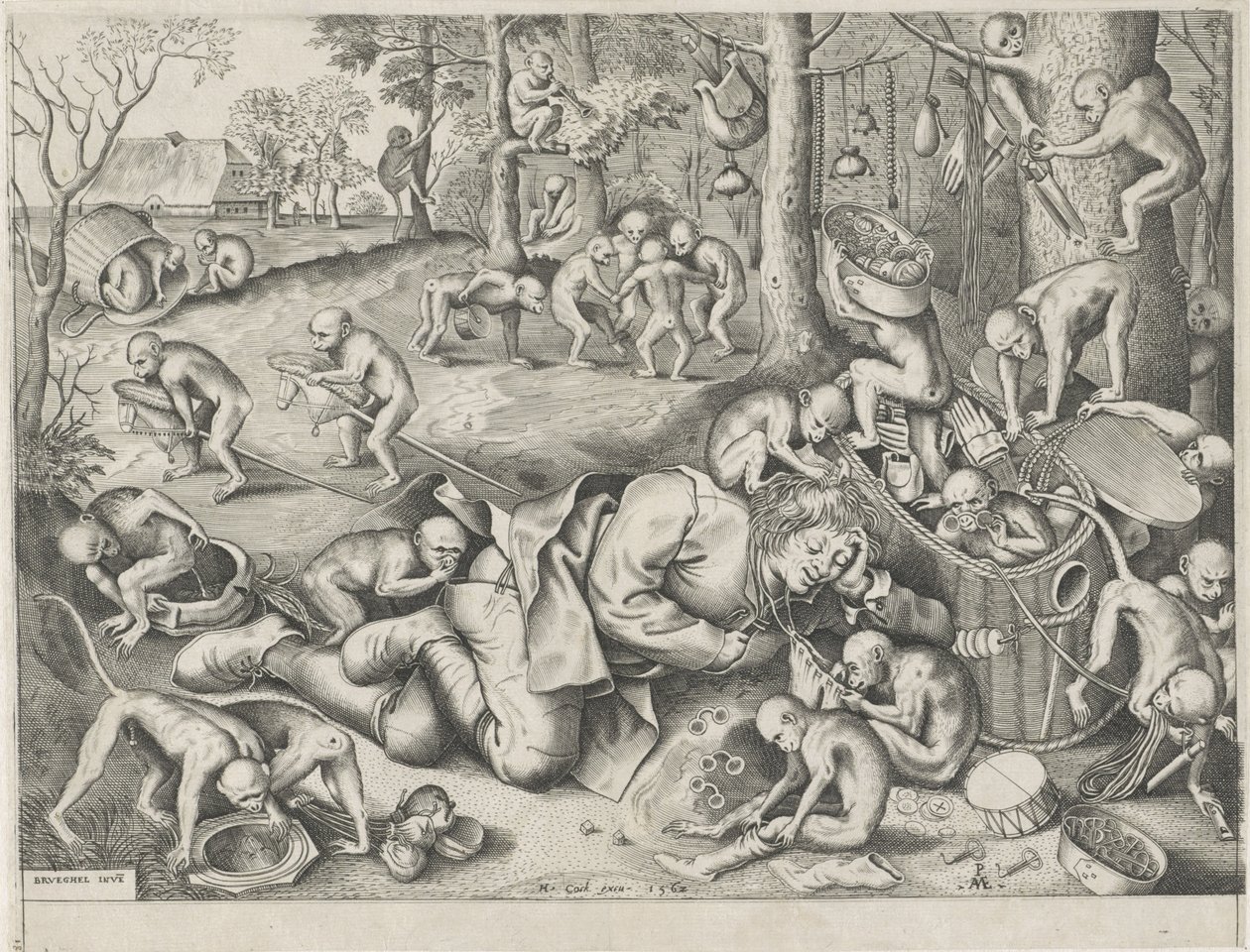 Marchand ambulant volé par des singes - Pieter van der Heyden