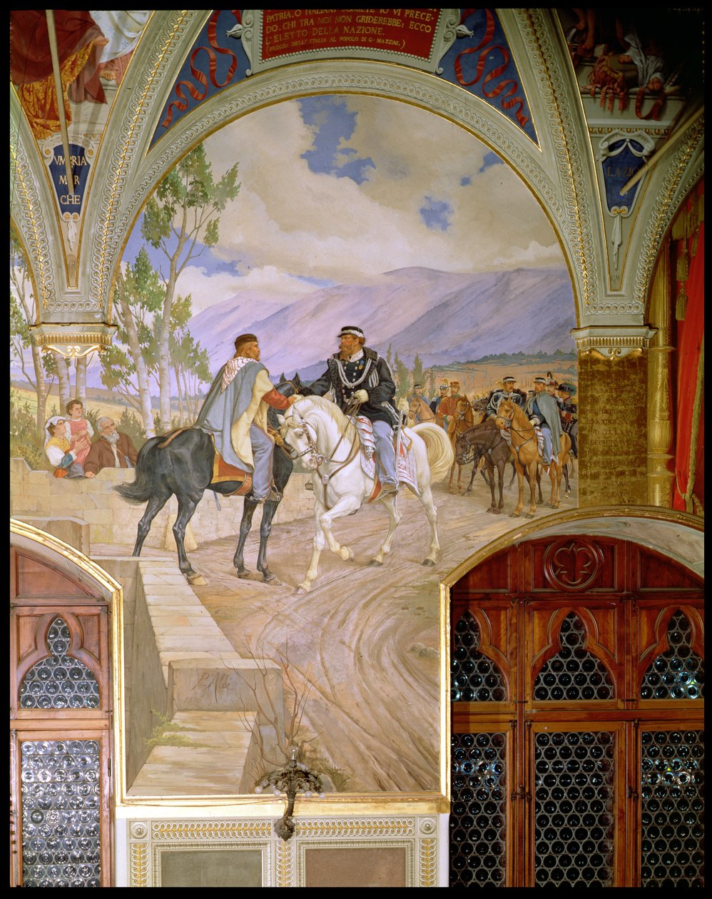 La rencontre entre Giuseppe Garibaldi (1807-82) et le roi Vittorio Emmanuele II (1820-78) le 26 octobre 1860 à Teano, Italie, 1886 - Pietro Aldi