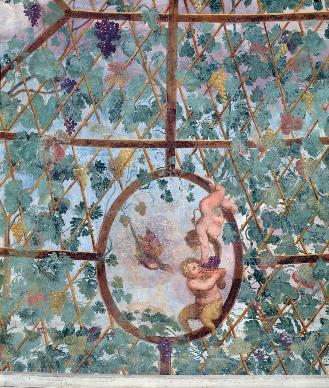 Le portique ionique semi-circulaire, détail de la voûte du plafond représentant un putto nourrissant un jeune satyre de raisins, 1551-55 - Pietro Venale