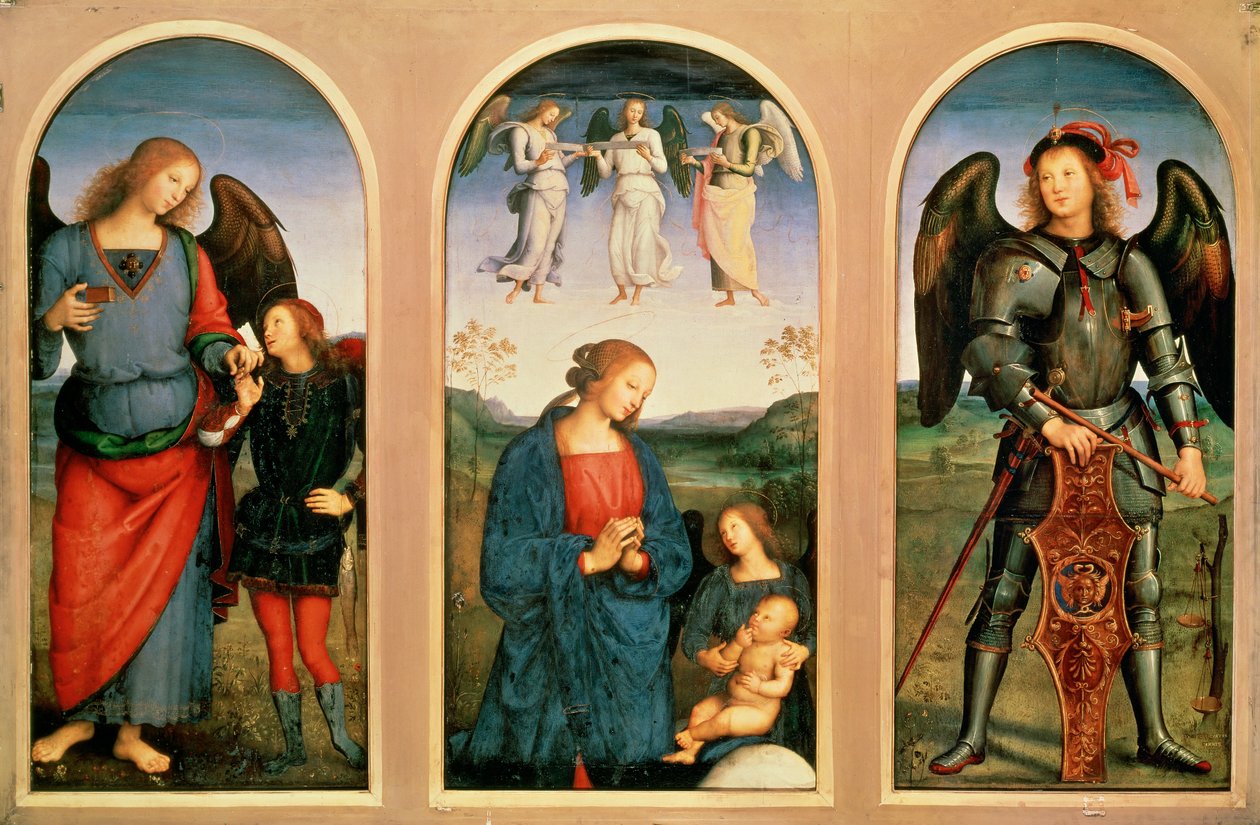La vierge avec les anges, à gauche et à droite Archanges Raphaël avec le jeune Tobias et le poisson et Raphaël ... (peinture sur toile) - Pietro (after) Perugino