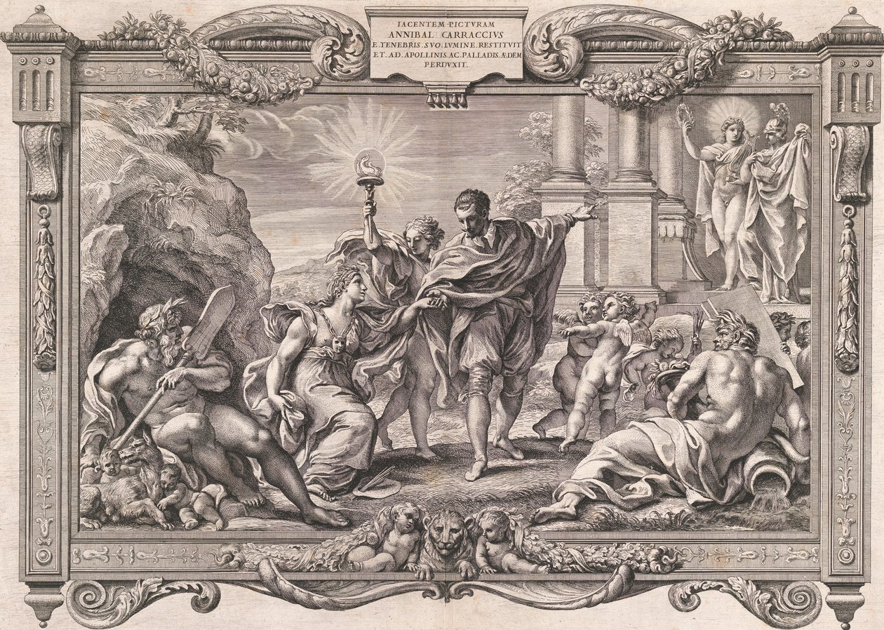 Annibale Carracci présente la peinture à Apollon et Minerve, 1674 - Pietro Aquila