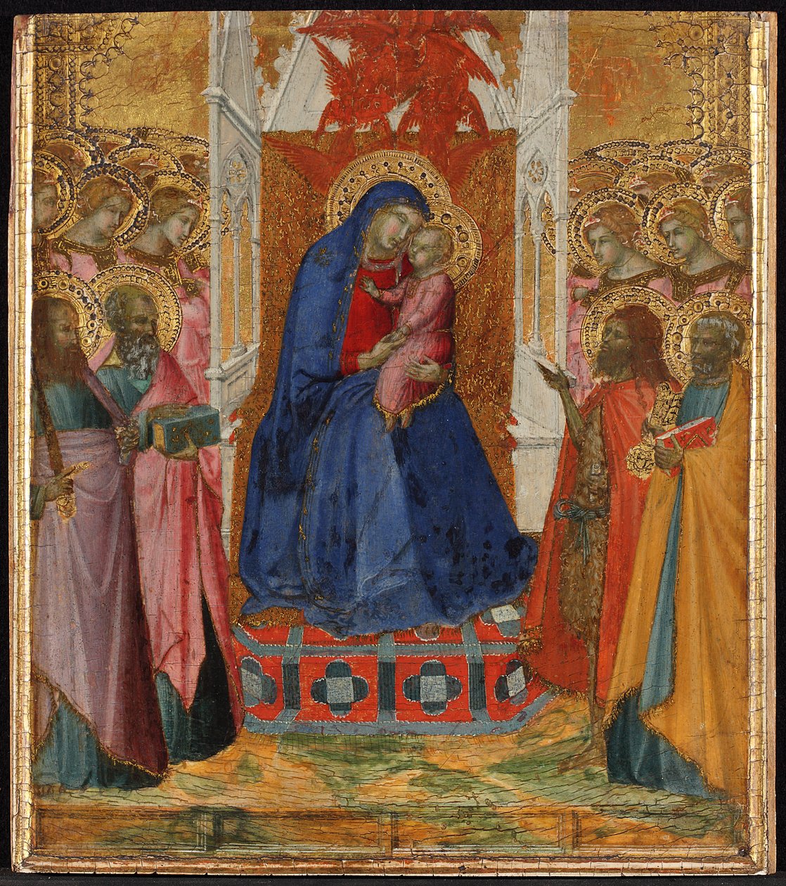 Maria auf dem Thron mit dem Kind, anbetende Engel und Heilige Paulus, Johannes der Evangelist, Johannes der Täufer und Petrus - Pietro Lorenzetti