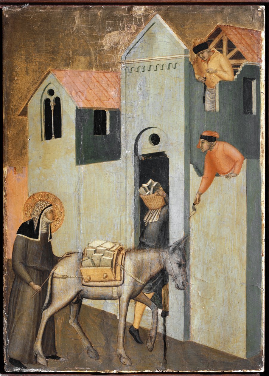 Le saint apporte des briques pour construire un nouveau couvent à Florence (détail) - Pietro Lorenzetti