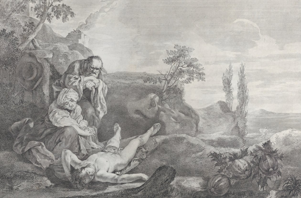 Adam et Ève à gauche, en couple âgé, pleurant sur le corps d