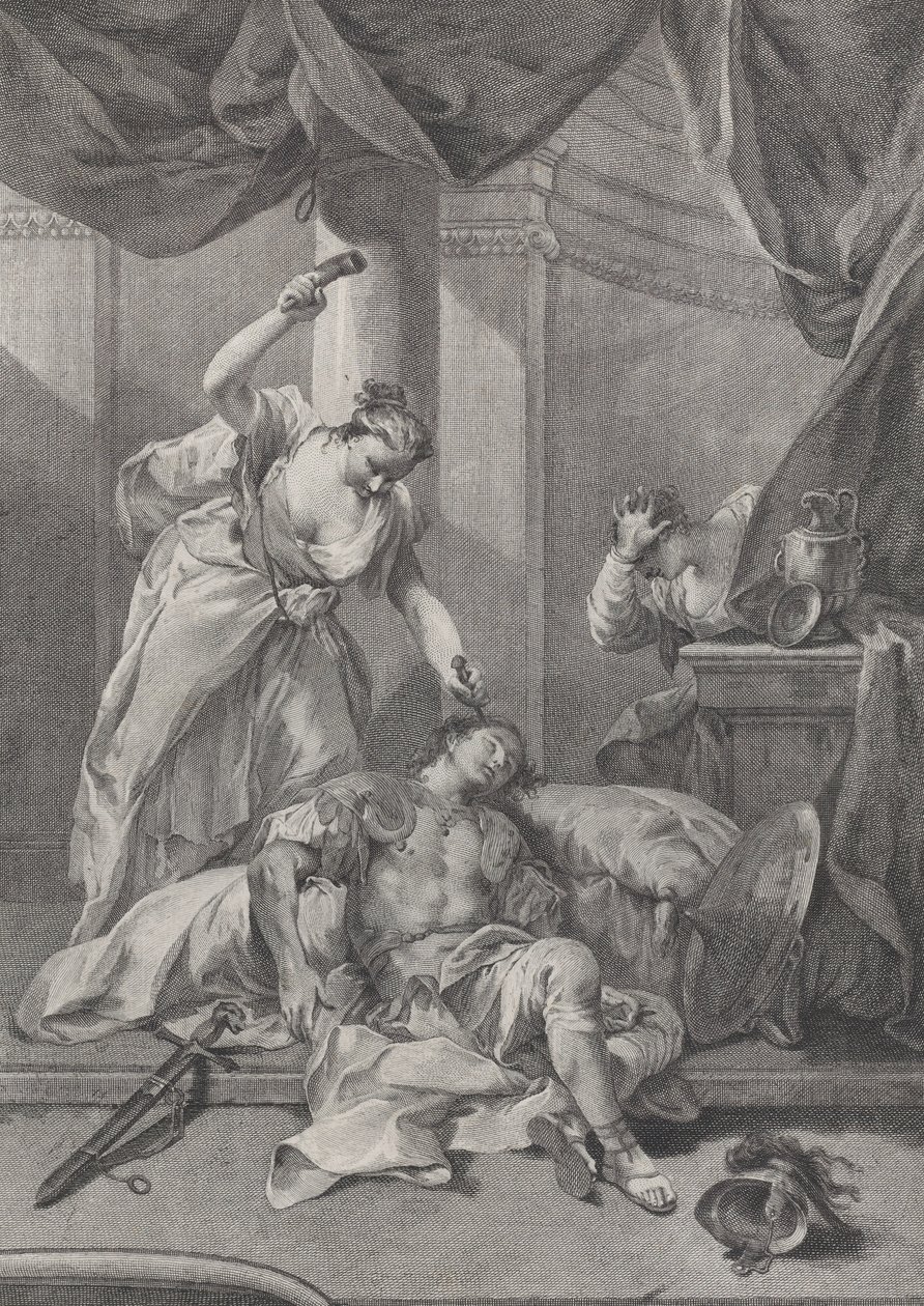 Jaël enfonçant un piquet de tente dans la tempe de Sisera endormi, à droite un se..., vers 1730-39 - Pietro Monaco