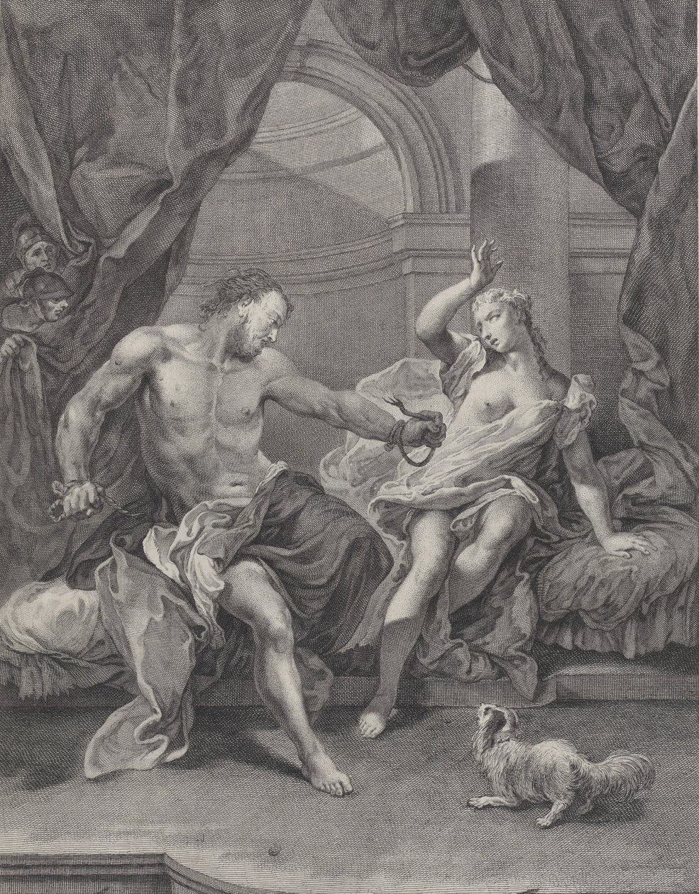 Samson et Dalila assis sur un lit, Samson déchirant les cordes liant sa main..., vers 1730-39 - Pietro Monaco