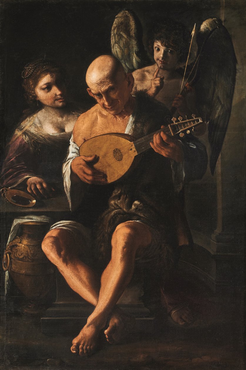 Un homme âgé jouant de la guitare avec une femme et un putto en assistance - Pietro Paolini