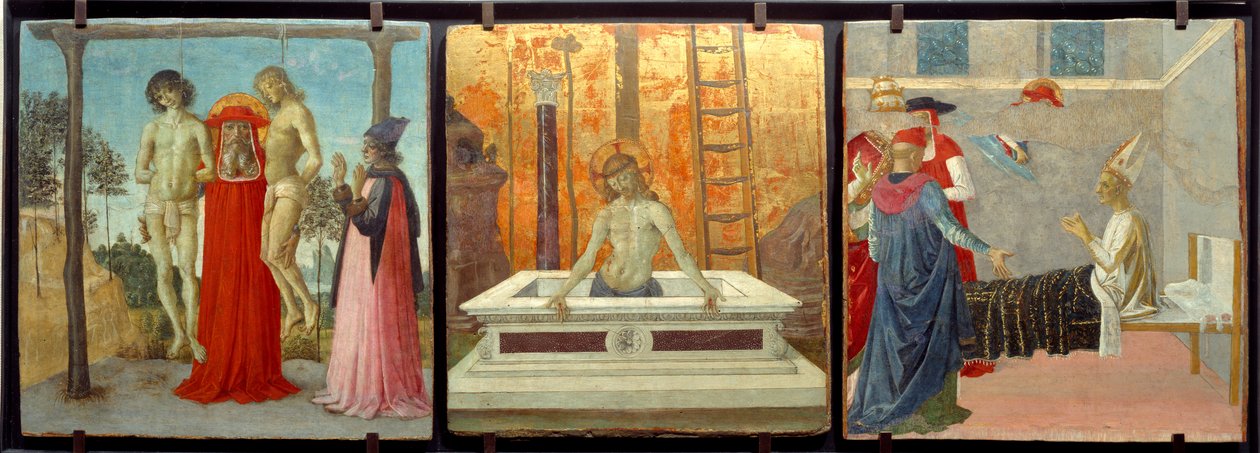 Saint Jérôme soutenant deux jeunes hommes injustement pendus, « Christ au tombeau » et « Saint Jérôme ressuscitant le cardinal Andrea » - Pietro Perugino