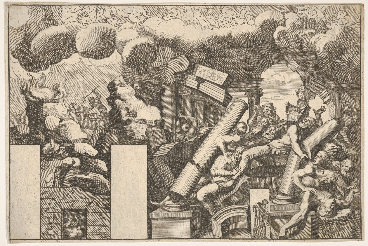 Géants écrasés par des rochers et les colonnes tombantes du temple, nuages de fumée au-dessus... - Pietro Santi Bartoli