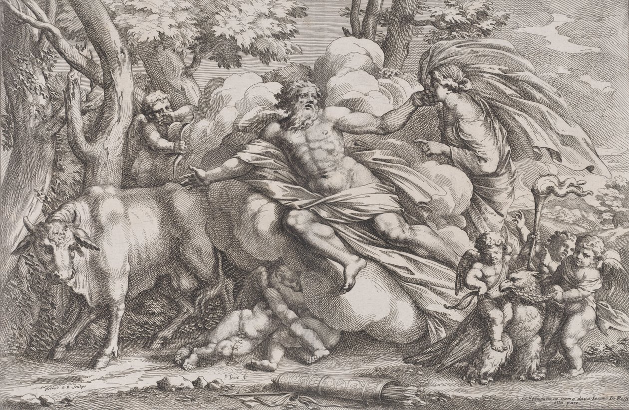 Io à gauche en vache, Jupiter sur un nuage au centre et Junon à droite avec paon, 1650-90 - Pietro Santi Bartoli