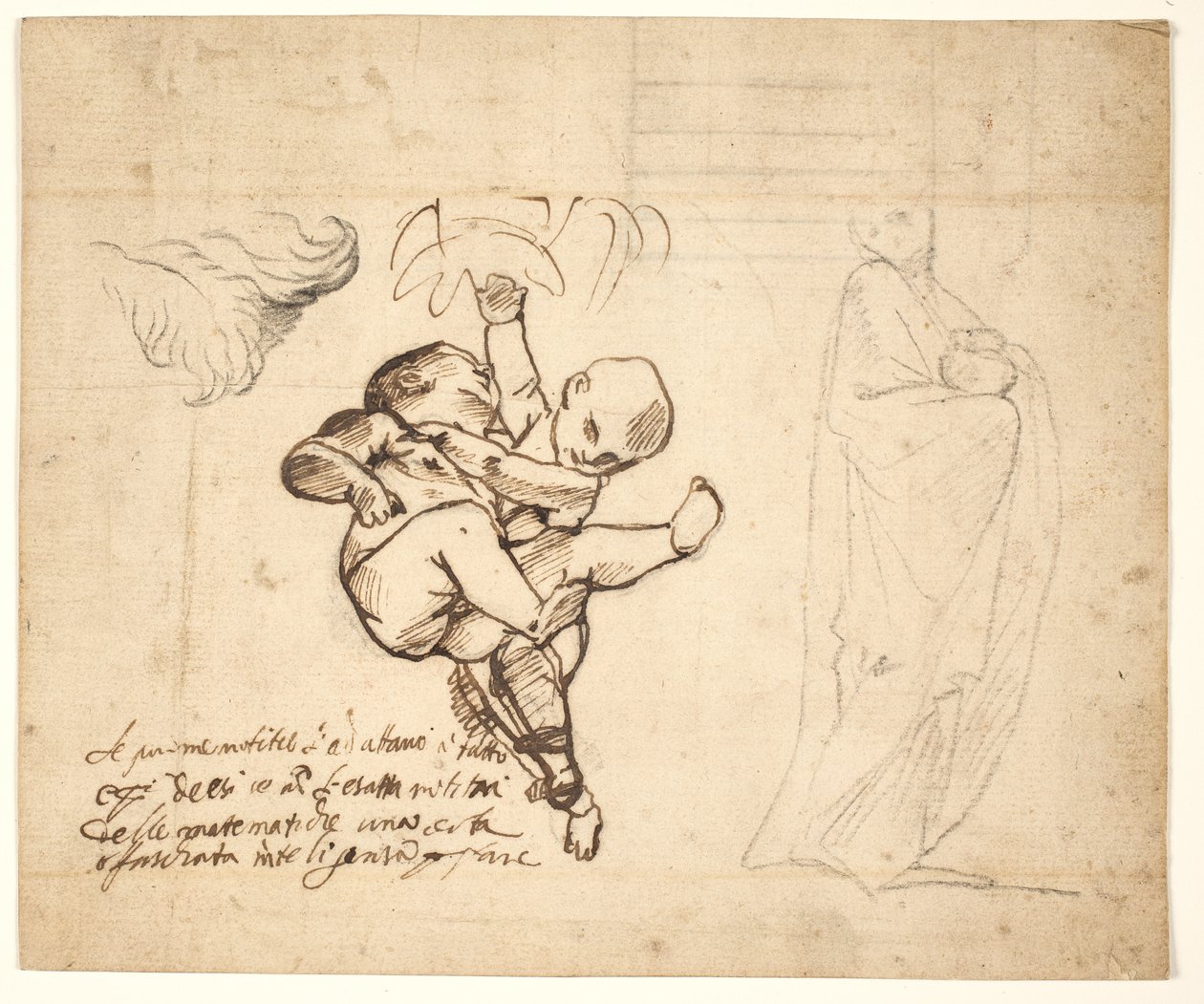 Étude pour deux putti jouant, des feuilles et une figure drapée avec une urne - Pietro Testa