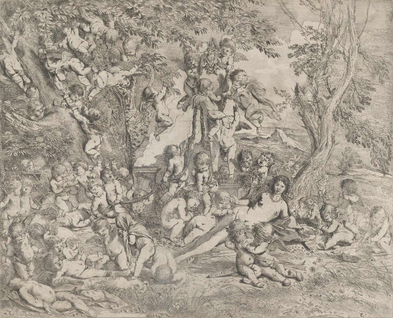 Le Jardin de Vénus qui repose au centre devant un hermès de Pan et entourée..., vers 1631-37 - Pietro Testa