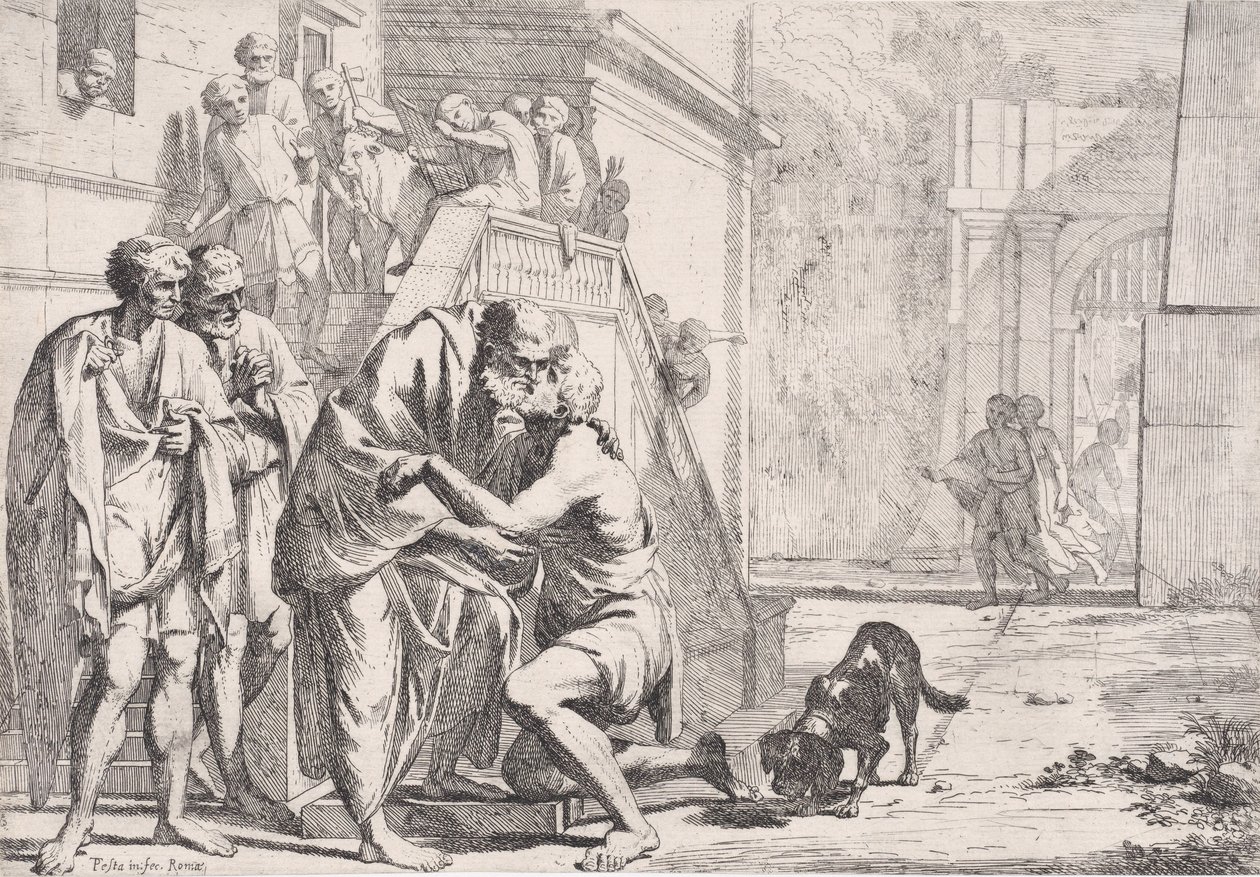 Le retour du fils prodigue, le père embrassant son fils, d