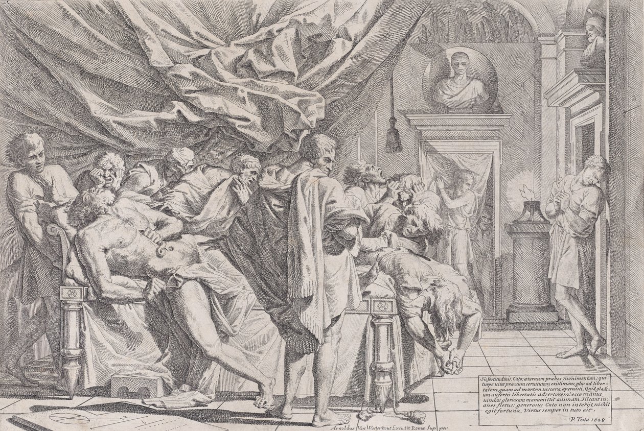 Le suicide du philosophe Caton, qui est allongé sur son lit en train de se tirer les entrailles, observé par..., 1648 - Pietro Testa