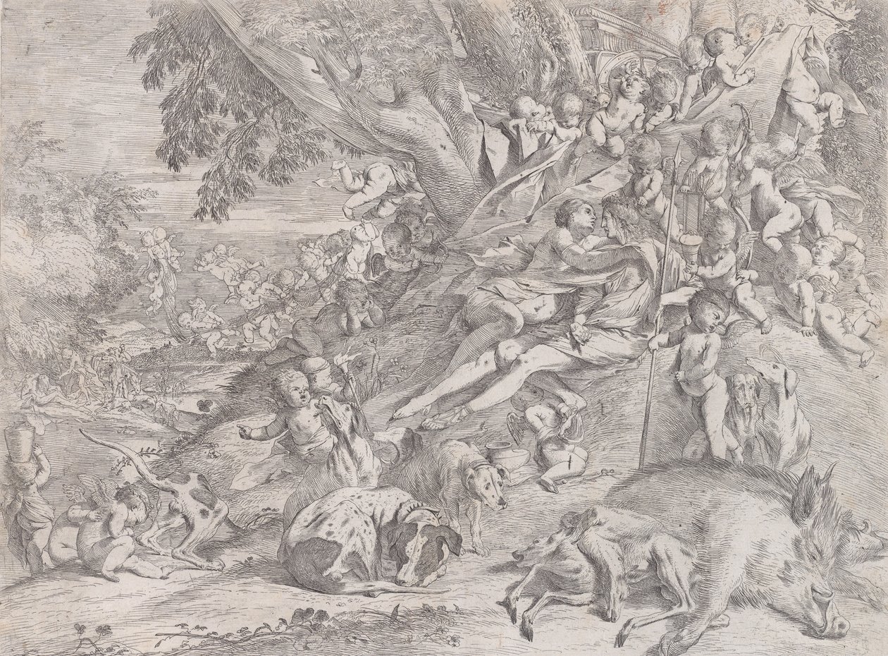 Vénus et Adonis, entourés de nombreux putti, allongés après la chasse, avec un sanglier mort, 1631-37 - Pietro Testa