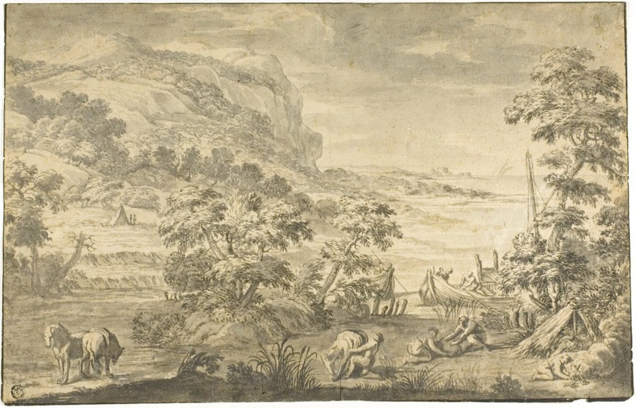 Scène côtière italianisante avec pêcheurs, campement (recto); Estuaire de rivière (verso) - Pietro da Cortona