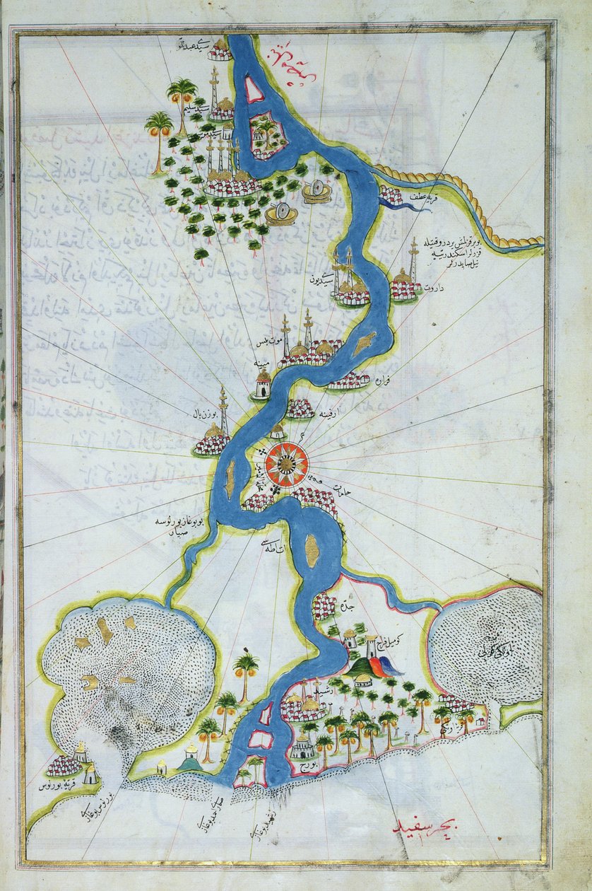 MS W.658 fol.304v Carte du Nil du Kitab-I Bahriye (tempera, or et encre sur papier) - Piri Reis