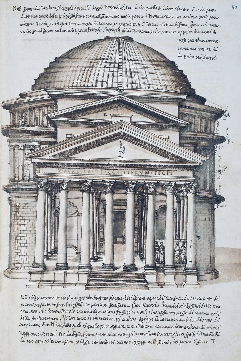 Vue du Panthéon à Rome, dessin du volume XIII des XXX Libri delle Antichita (Livres des Antiquités) - Pirro Ligorio