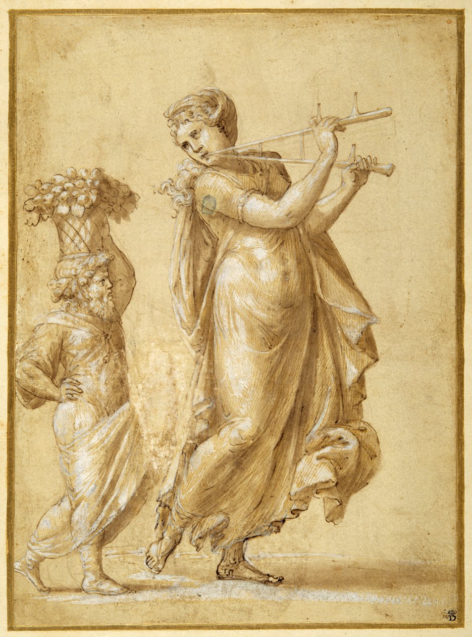 Femme jouant de la flûte, accompagnée d'un nain barbu canéphore (encre ...
