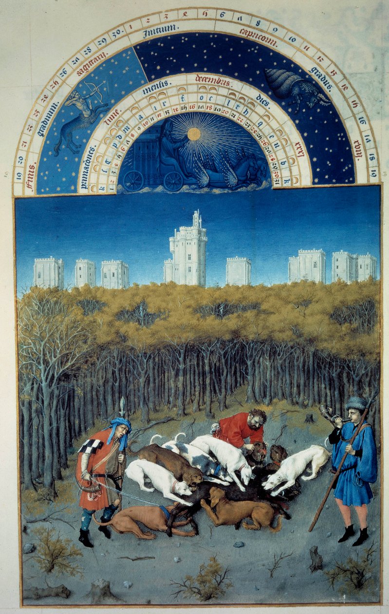Décembre: scène de chasse. En arrière-plan vue de Vincennes. Miniature flamande de Pol De Limbourg (15ème siècle) du manuscrit Les Très Riches Heures du Duc de Berry - Pol de Limbourg