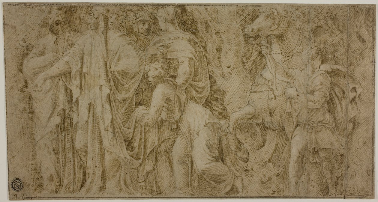 Histoire de Niobé : Niobé recevant des cadeaux des adorateurs ; Jeune homme avec cheval - Polidoro da Caravaggio