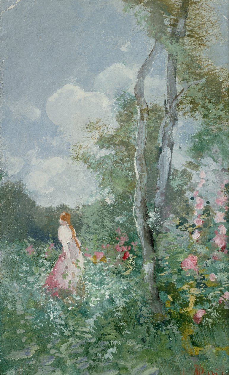 Une fille marchant dans une clairière boisée - Pompeo Mariani