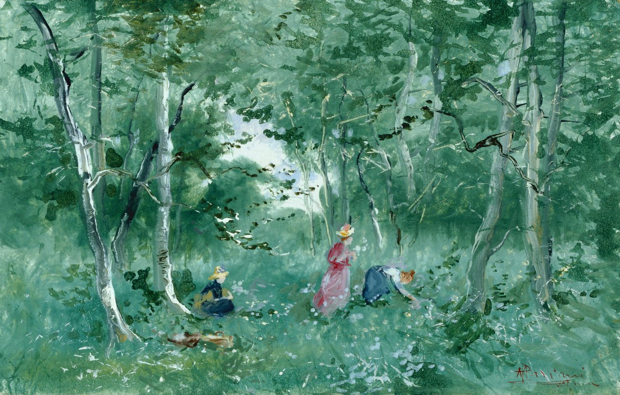 Dames élégantes cueillant des fleurs dans un bois - Pompeo Mariani