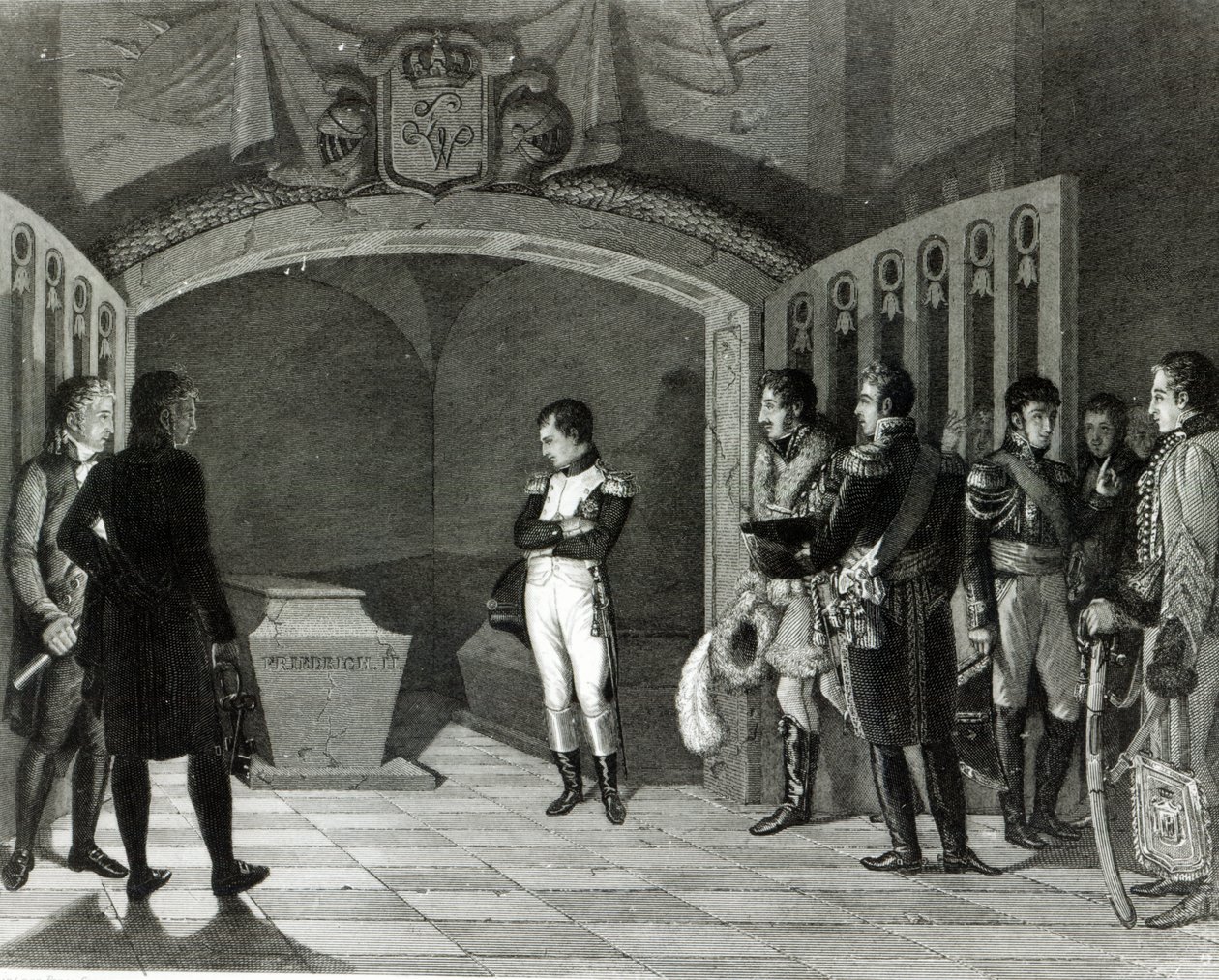 Napoléon méditant devant la tombe de Frédéric II de Prusse dans la crypte de la Garnisonkirche à Potsdam, vers 1810 - Ponce-Camus. Marie Nicholas