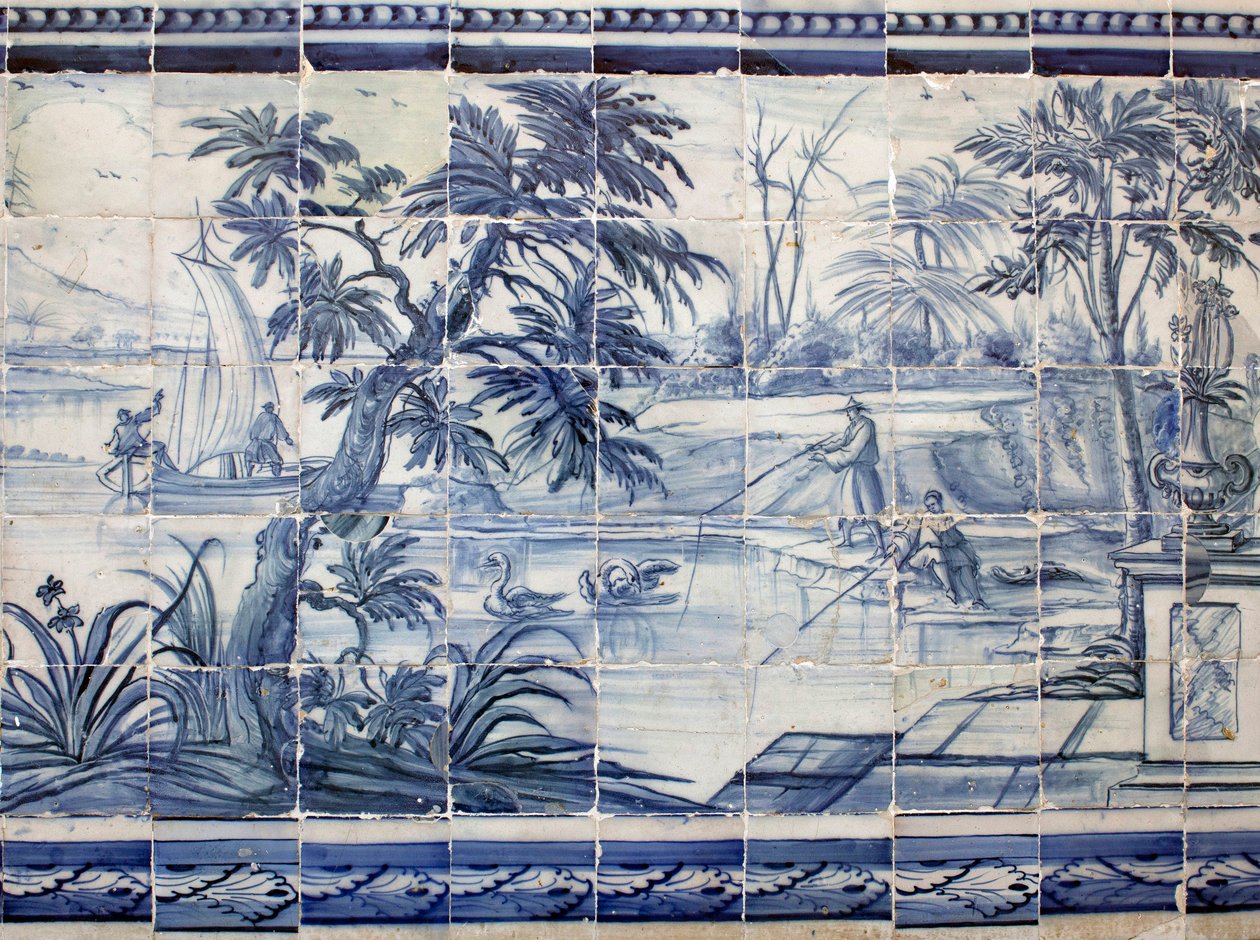 Pêcheurs de lac en Asie - Azulejos, faïence peinte - Portuguese School