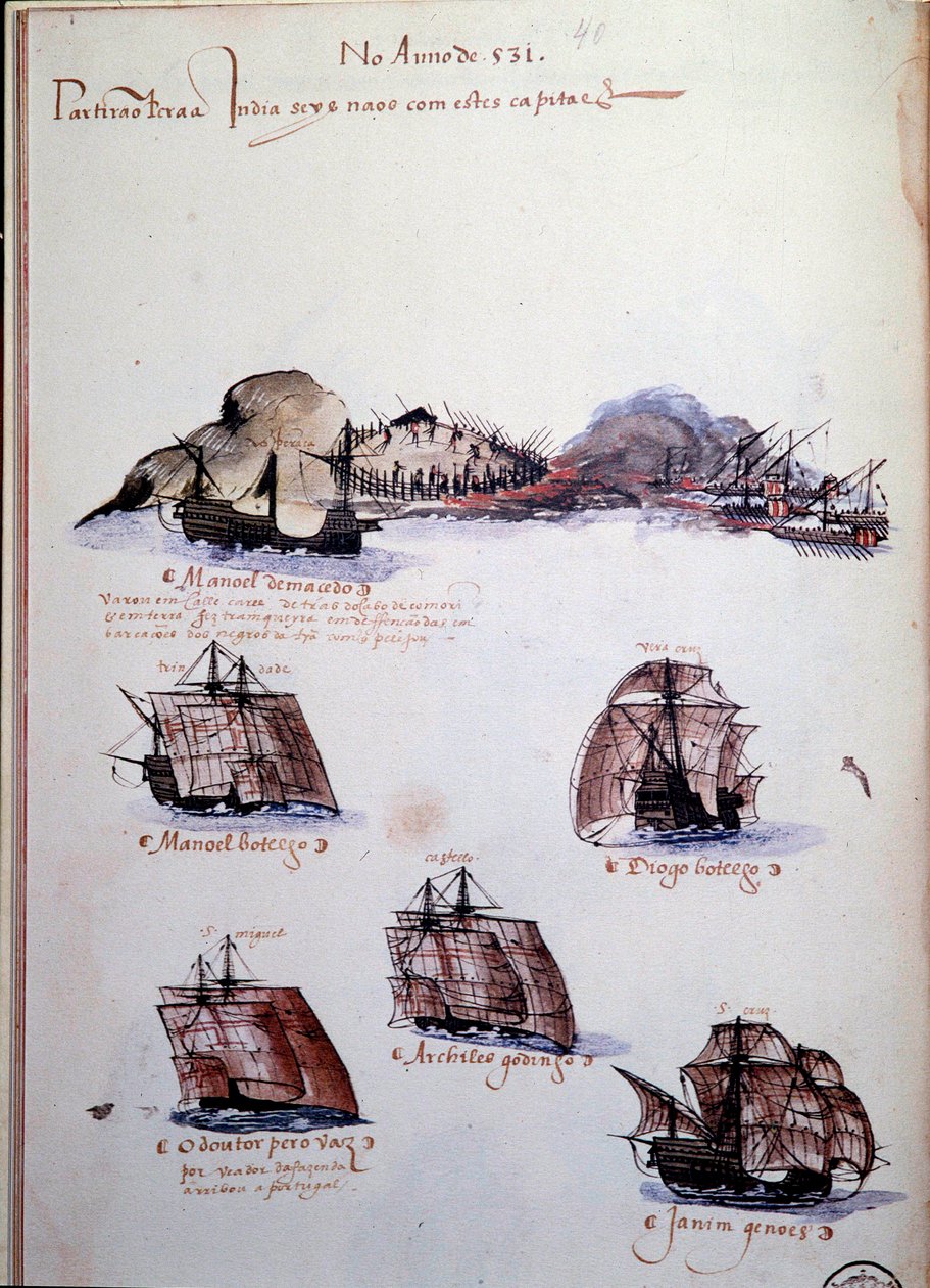 Page de manuscrit « Mémoires des armadas du Portugal sous le roi Manuel I (1469-1521) » représentant les flottes portugaises de l