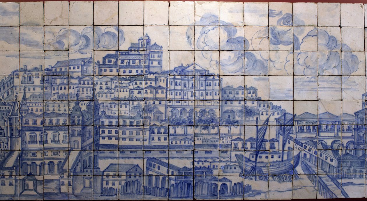 Vue panoramique de Lisbonne, avant le tremblement de terre de 1755 - Azulejos début 18e siècle, panneau avertissant de l