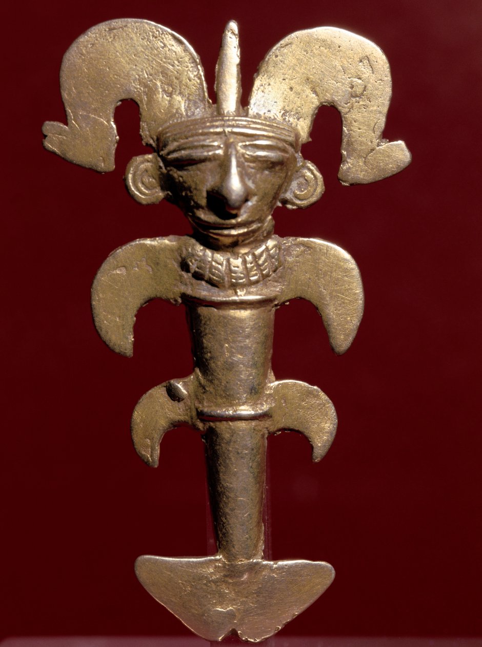 Art précolombien, civilisation quimbaya (Colombie) : pendentif anthropomorphe en or. 400-1400 apr. J.-C. Bogota, Musée de l