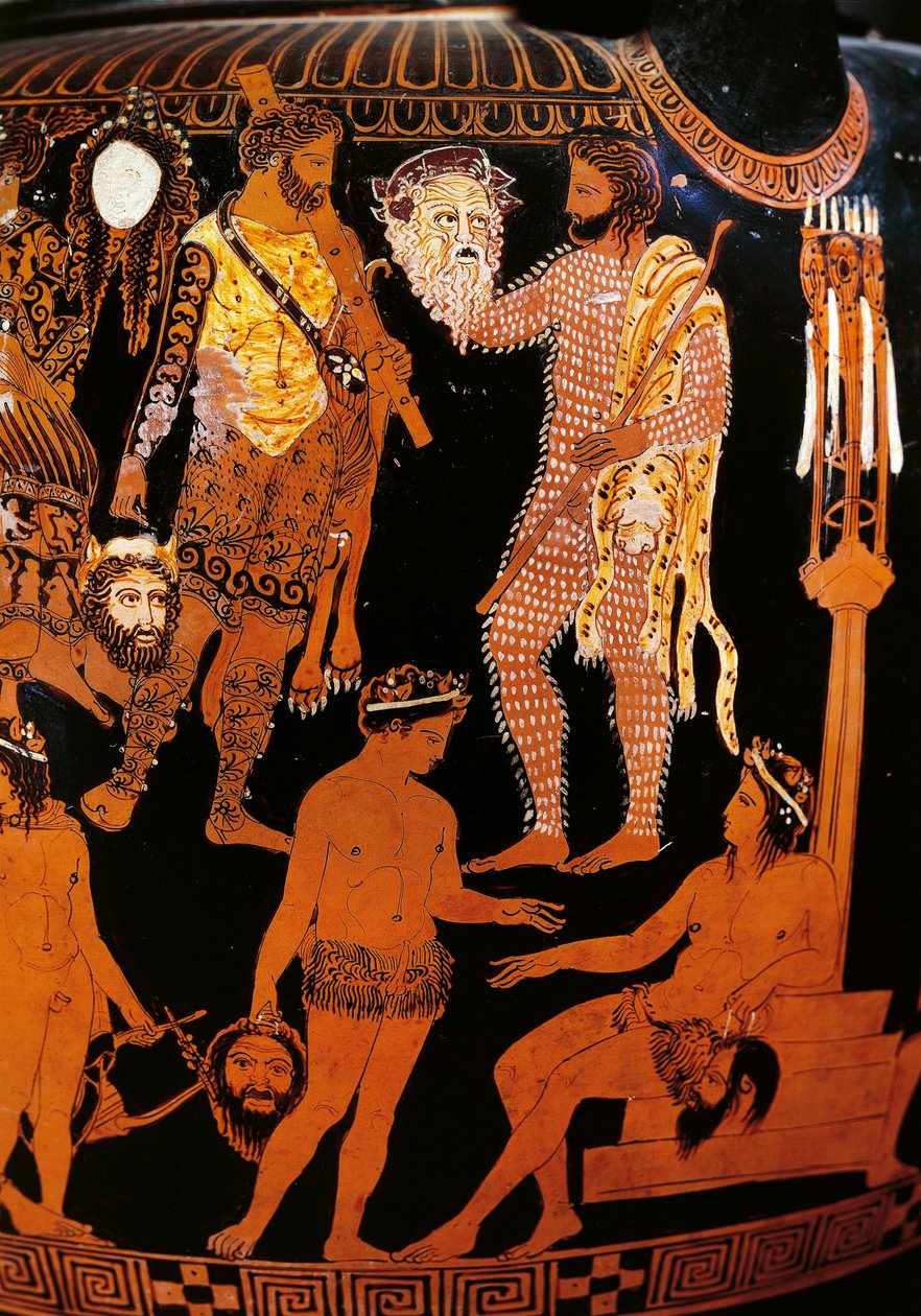 Vase de Pronomos, cratère à figures rouges. Détail représentant Hercule, les préparatifs d