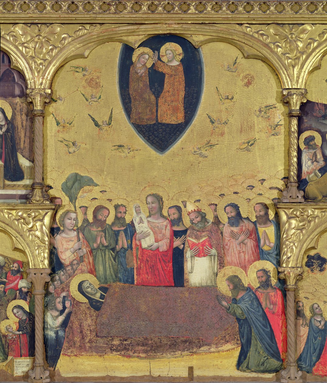 Polyptyque de la Dormition de la Vierge, détail de la Dormition et de la Couronnement - Pseudo Jacopino di Francesco