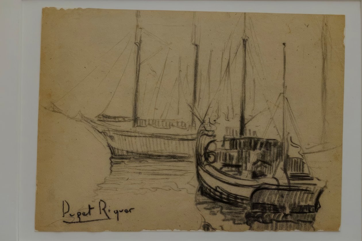Bateaux, Narcís Puget Riquer, dessin au fusain, musée Puget, maison noble de Can LLaudis, Dalt Vila, Ibiza, îles Baléares, Espagne - Puget Riquer