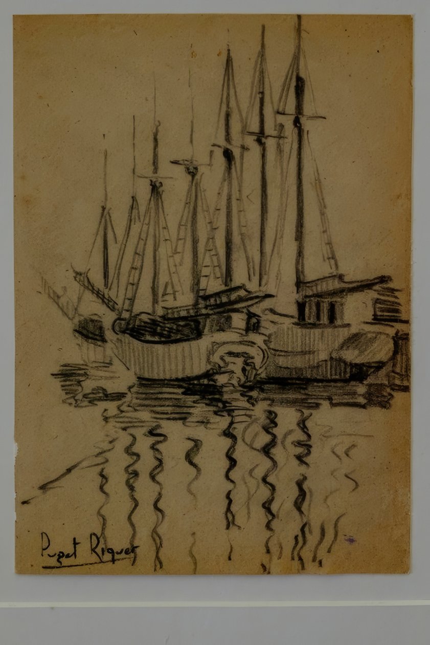 Voiliers, Narcís Puget Riquer, dessin au fusain, musée Puget, maison noble de Can LLaudis, Dalt Vila, Ibiza, îles Baléares, Espagne - Puget Riquer