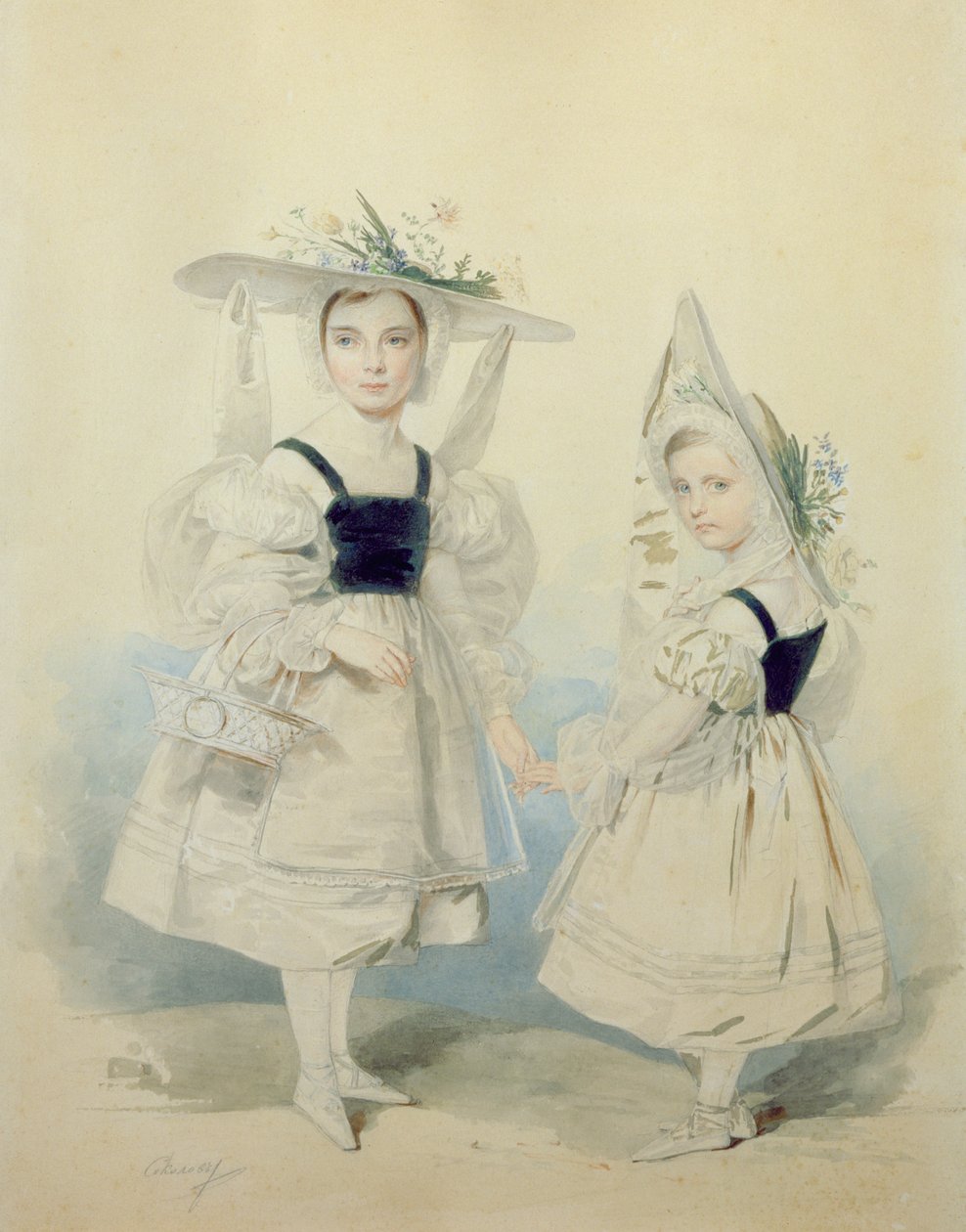 Portrait des Grandes Princesses Olga et Alexandra en costume de fantaisie, années 1830 - Pyotr Fyodorovich Sokolov