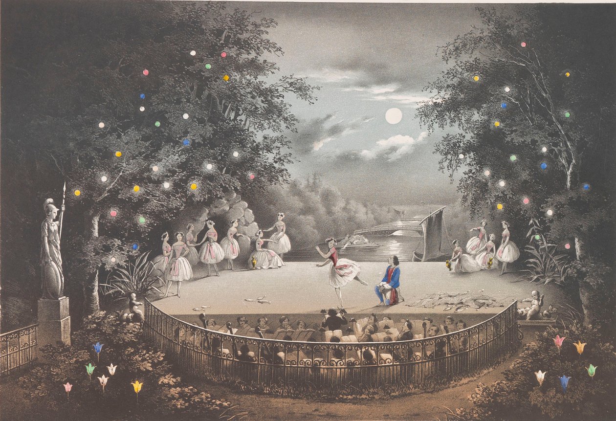 Le ballet Naïade et Pêcheur par C. Pugni dans le pavillon rose, dans le parc de Peterhof, 1851 - Pyotr Fyodorovich Borel