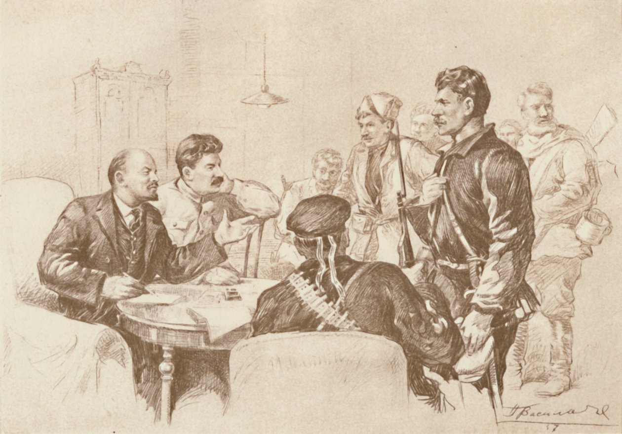 Lénine et Staline parlant aux Gardes rouges au Smolny, 1917, 1939 - Pyotr Vasilyev