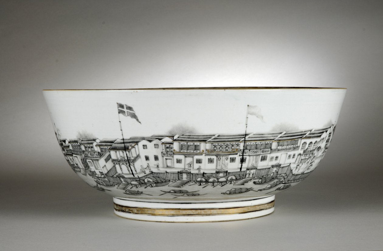 Bol à punch peint avec des entrepôts ou Hongs, Canton (Guangzhou) - Qing Dynasty   Qianlong Period Chinese School