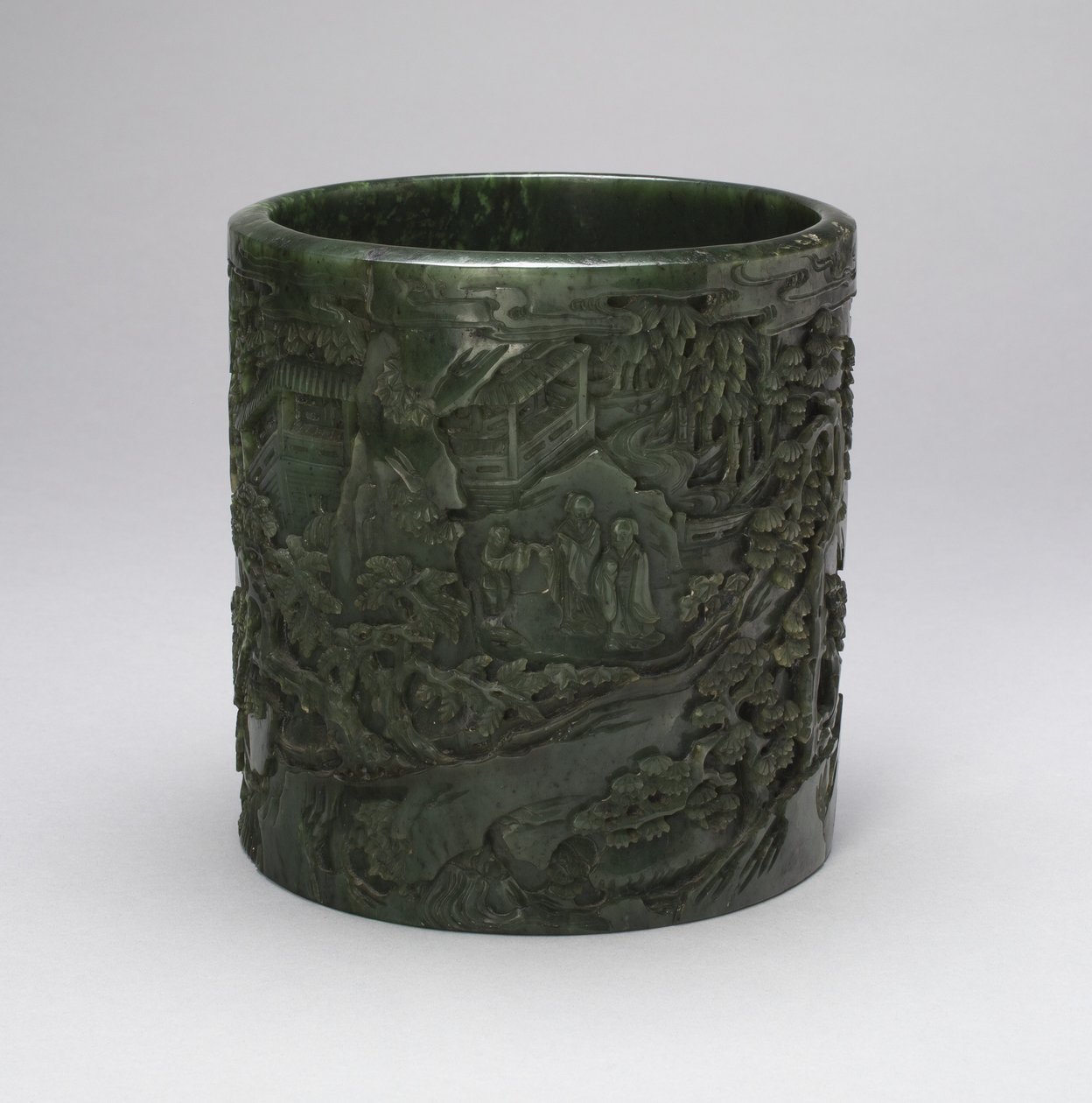 Pot à pinceaux avec érudits et assistants dans un paysage montagneux - Qing Dynasty Chinese School