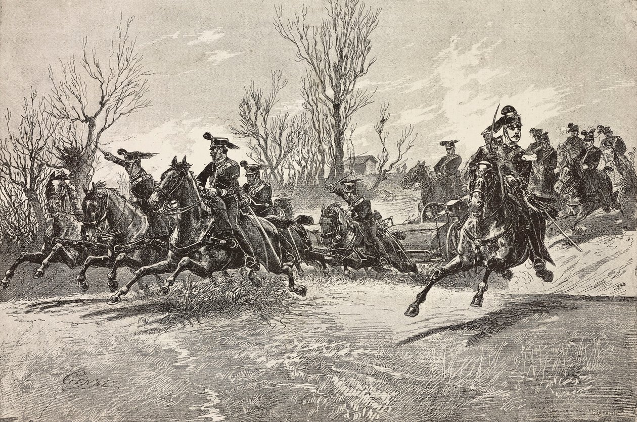 Artillerie à cheval, armée italienne, gravure d