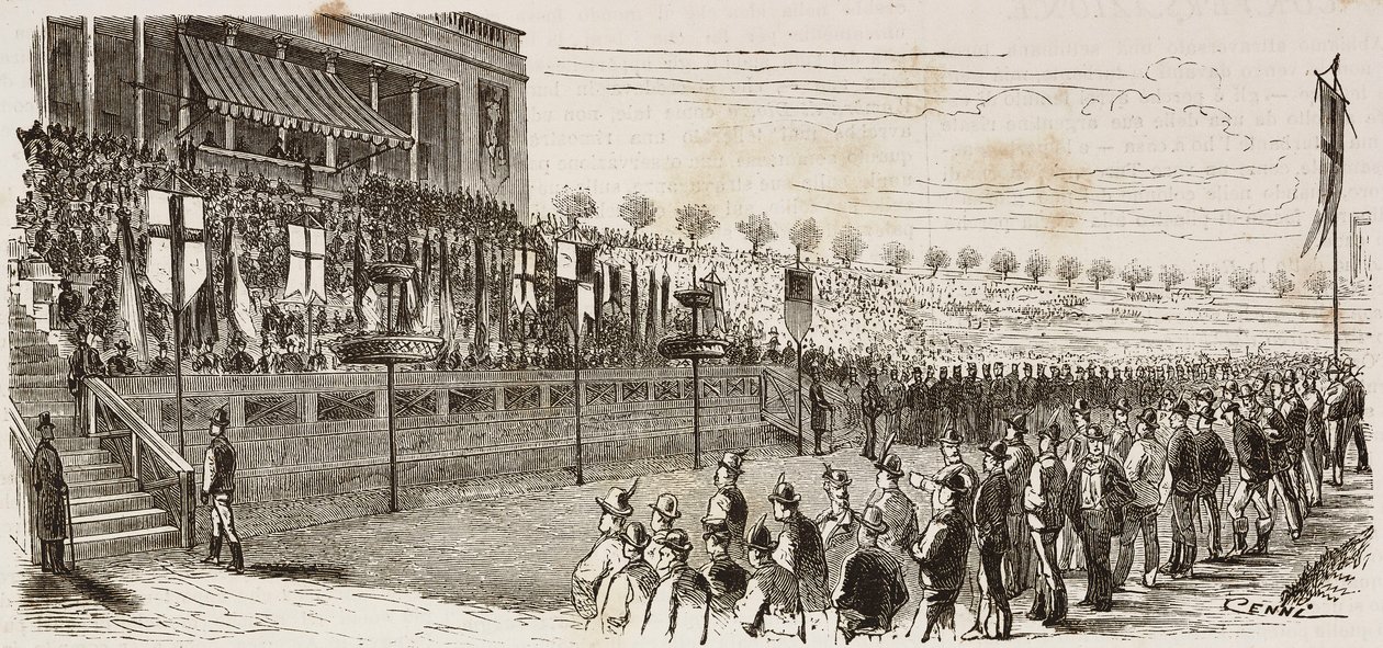 Remise des prix aux gagnants du concours national de tir à Milan, Italie, gravure de Quinto Cenni de L