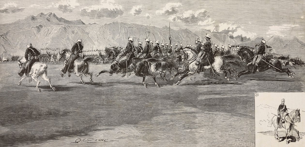 Exercices de cavalerie le 17 septembre, avec lancier à droite, Pordenone, Italie (gravure) - Quinto Cenni