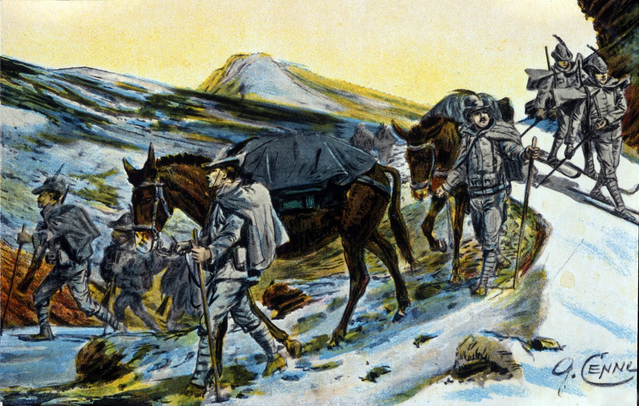 Première Guerre mondiale : groupe de chasseurs alpins italiens en reconnaissance avec leurs mules en 1915. Illustration par Quinto Cenni - Quinto Cenni
